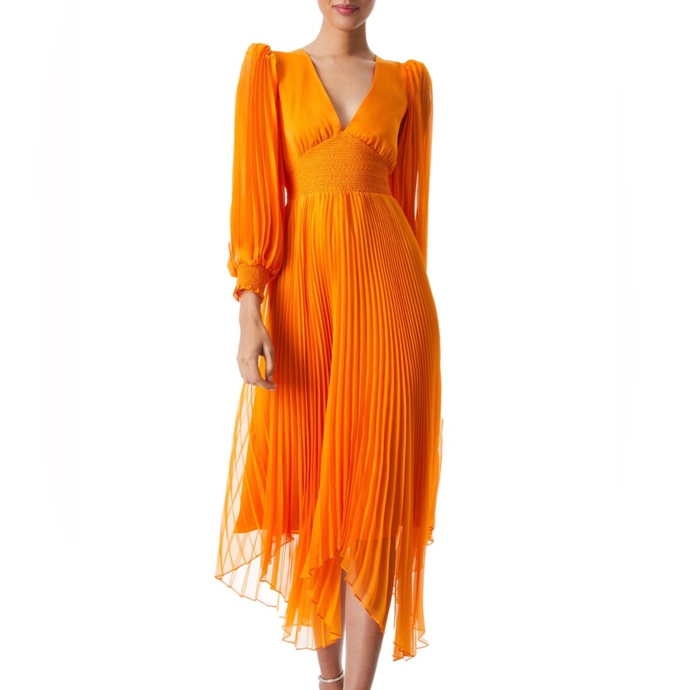 Alice + Olivia Sion Pleated Midi Dress in Tangerine, Size 0